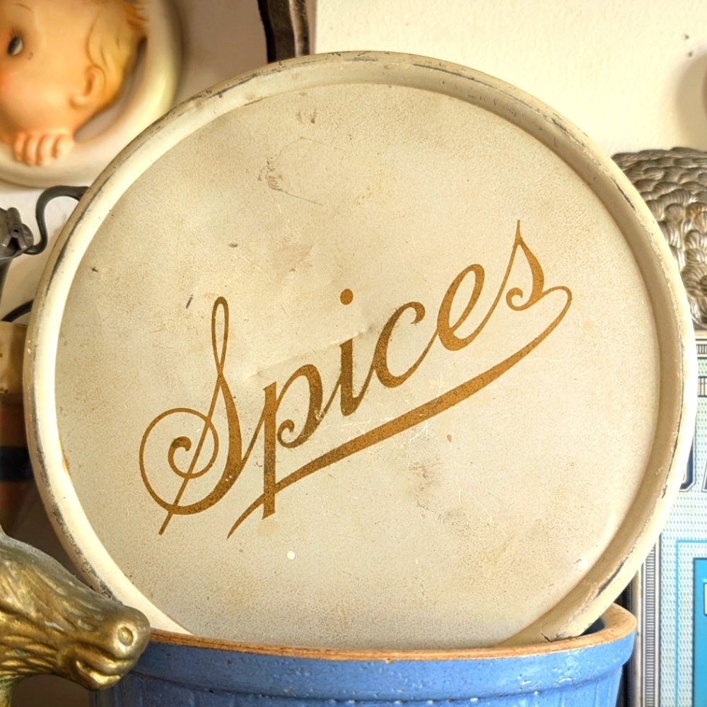 Victorian Round Spice Tin Carrier Gold 7 Spices All Inside Complete Set Antique